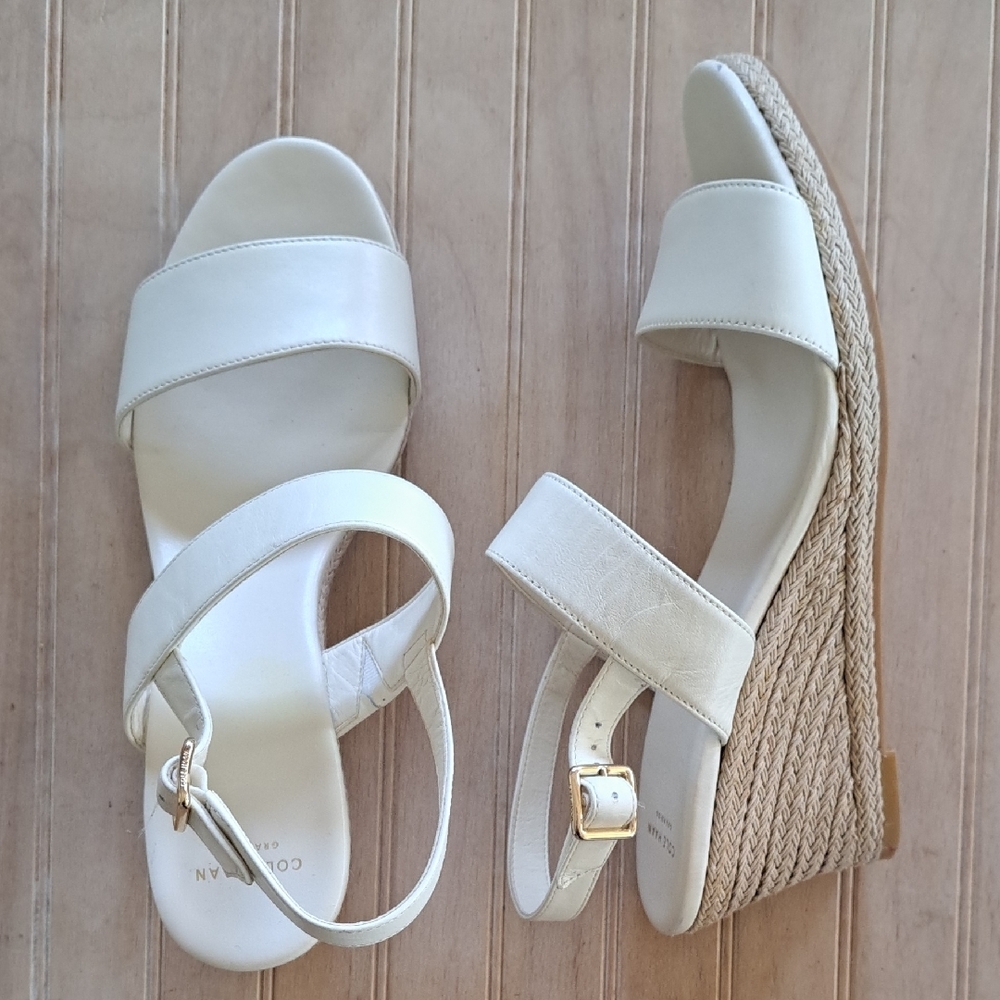 Cole Haan Cloudfeel Espadrille Wedge Heel Ankle Strap Sandals Winter White